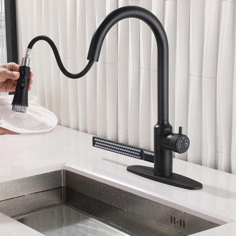 The Multi-Functions High-ARC Kitchen Faucet With Clear Function Marked Valve & Pull Down Sprayer & Widened Side Spout & Movable Brush (Included Deck Plate)