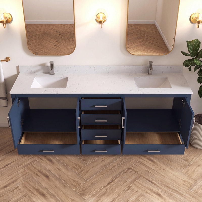 Meuble-lavabo double Felix 84'' entièrement assemblé avec comptoir et dosseret en marbre reconstitué, Bleu, 84"