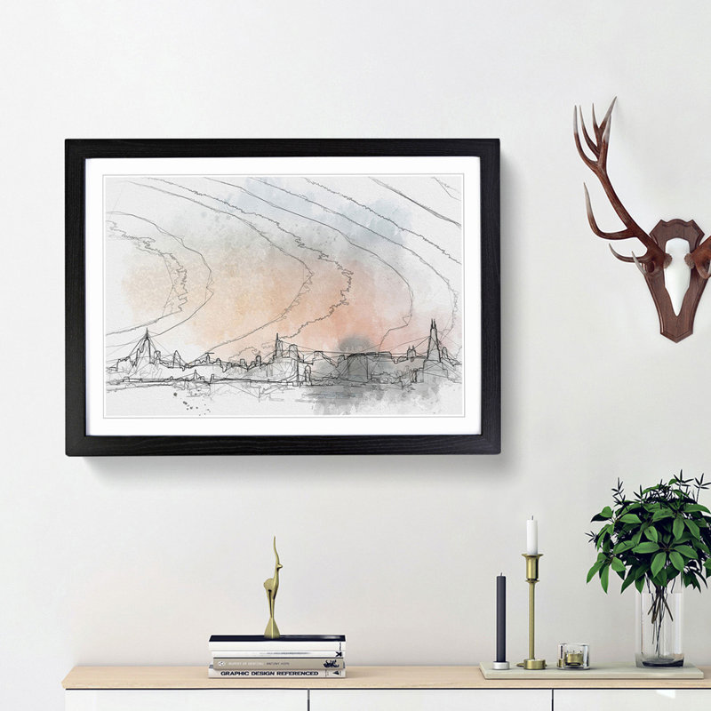 The Chicago Illinois Skyline in Abstract - Picture Frame Drawing Print, 48cm H x 65cm W x 2cm D, Black Framed