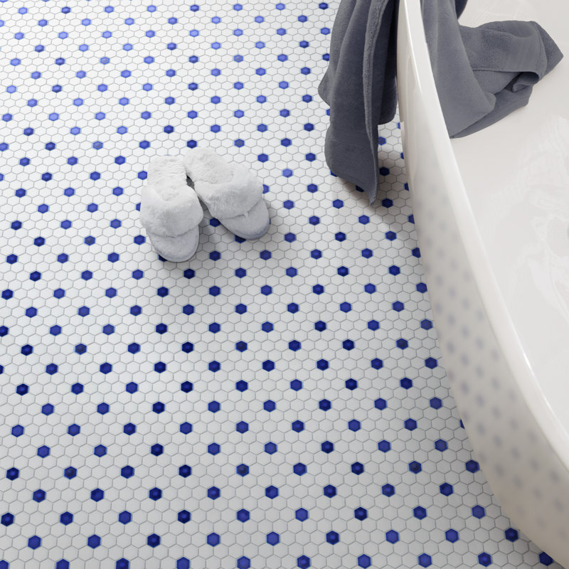 Metro Ion 1" Hex Sapphire Dot Glossy White 10-1/4" x 11-7/8" Porcelain Mosaic Floor and Wall Tile