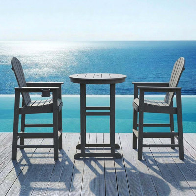 3-Piece Gray HDPE Indoor/Outdoor Bar Height Bistro Set, 31.1" Round Pub Table With 2 Bar Stools, All-Weather Patio Furniture For Balcony, Deck, Poolside & Coastal Areas