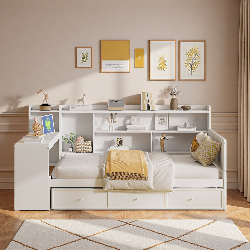 Wooden Daybed With 3 Drawers, Usb Ports And Desk, Twin, White