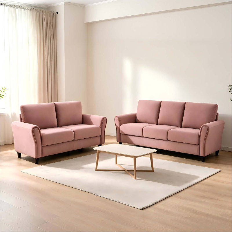 Ensemble de canapés de style moderne du milieu du siècle avec accoudoirs incurvés et coussins moelleux pour un agencement confortable dans le salon