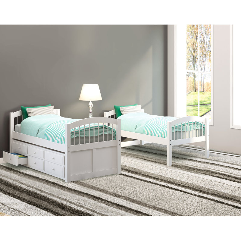 Lit superposé simple / blanc avec lit gigogne et 3 tiroirs de rangement de style blanc, entre les rails 31 po, rangement de plis en bois de pin, construction style, plancher et plancher inférieur 20
