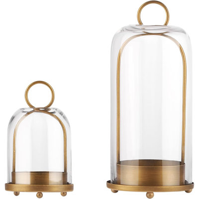 Set of 2 Brass Rim Glass Cloche Candle Holders, Clear Dome Display Jars with Ring Handle Table Decor