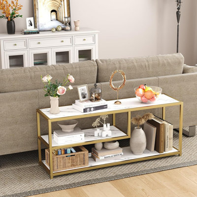 Meuble télé pour téléviseur de 55 po ou moins, meuble télé à 3 niveaux, console média avec tablettes de rangement ouvertes pour le salon, table de télévision moderne de 47 po avec plateau en faux marbre