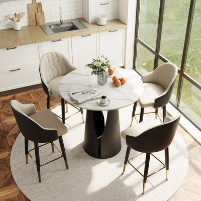 35" Modern Round Counter Height Table For 2-4 People, White Glossy Small Round Dining Table For Kitchen Or Small Spaces With Black Base, Counter Height Bar Table For Families
