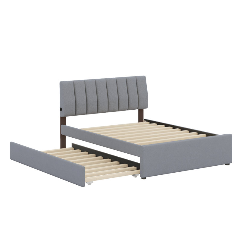Upholstered Platform Bed With Trundle, Gray