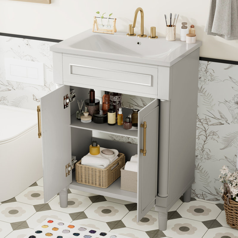 Bathroom Vanity with Integrated Ceramic Sink, White