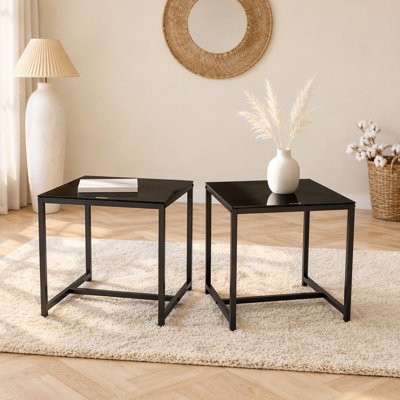 Table de chevet 2 pièces en verre noir, table d'appoint en MDF, petite table à thé, table de canapé avec pieds en métal