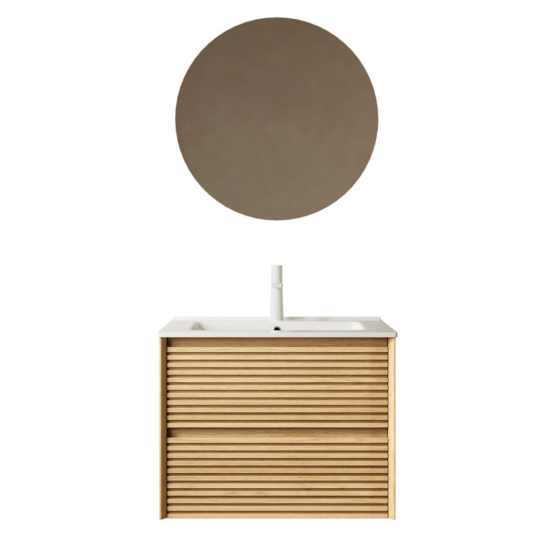Armoire de salle de bain 24 po avec lavabo en céramique, contreplaqué, couleur chêne, tiroirs, armoire de contreplaqué de meuble-lavabo à installation en douceur, cuve blanche, chaleur, méthode simple et d'assemblage