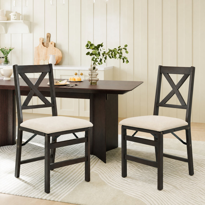 Chaises de salle à manger pliantes rembourrées et empilables avec structure en bois massif, Cadre brun / siège beige