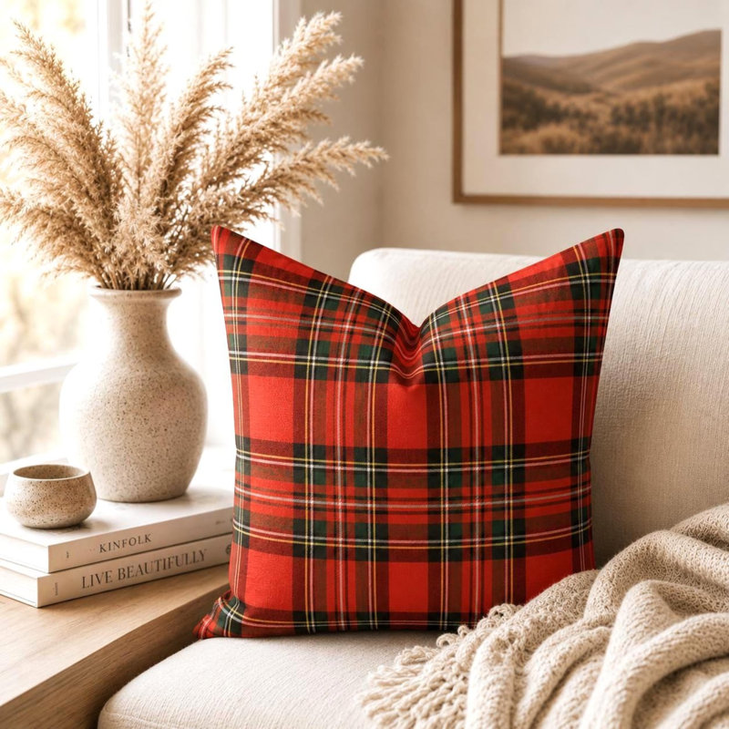 Housse de coussin à carreaux rouges et verts, Carré 15 po