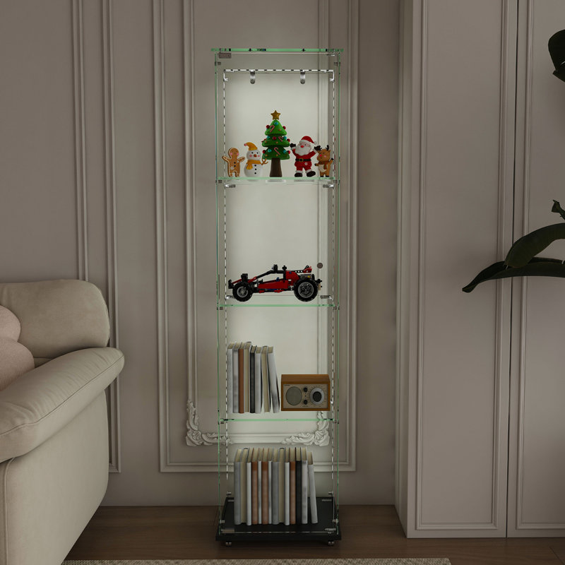 Vitrine en verre de qualité supérieure à 5 niveaux avec 5 modes DEL dynamiques, bibliothèque à porte simple en verre trempé pour objets de collection et décor, vitrine sur pied pour la maison et le bureau, assemblage facile