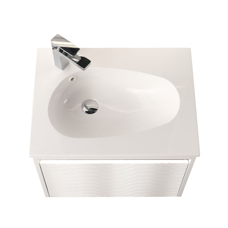 Meuble-lavabo mural 24 po avec lavabo - armoire murale en bois avec lumières DEL, panneau ondulé 3D, tiroir à fermeture en douceur et cuve en acrylique 24 po