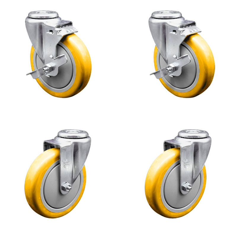 Ensemble de roulettes pivotantes à trou de roue en polyuréthane jaune 5 pouces avec 2 freins SCC