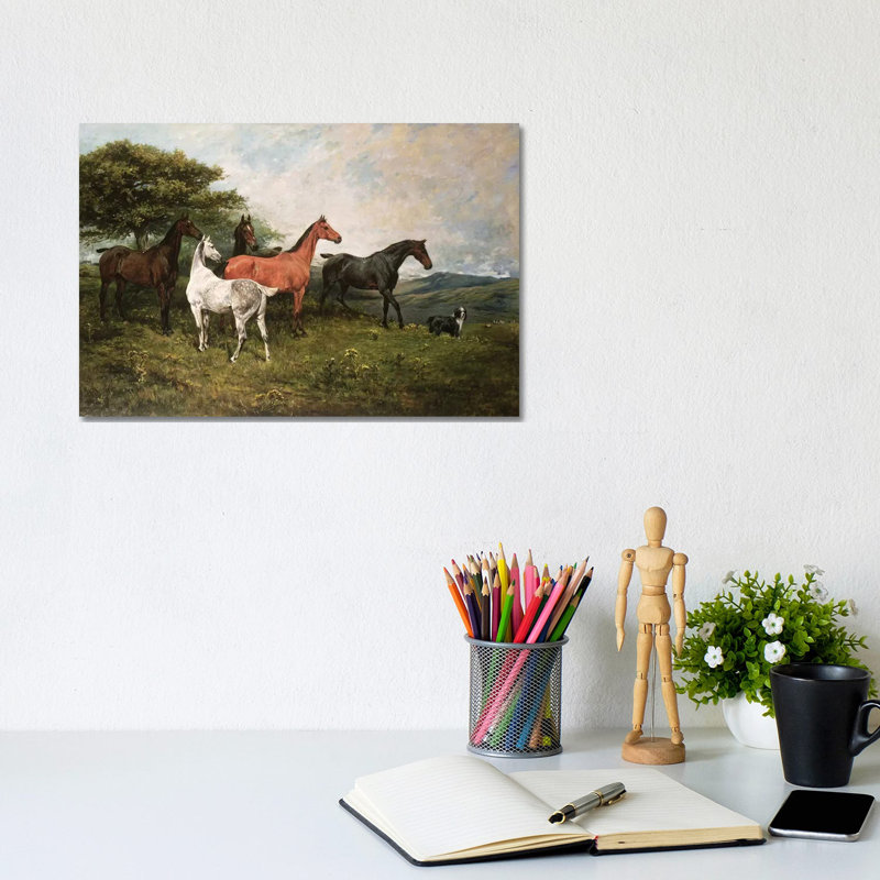 Mares And Foal With A Sheepdog by John Emms - Wrapped Canvas Painting, 20.32cm H x 30.48cm W x 1.91cm D