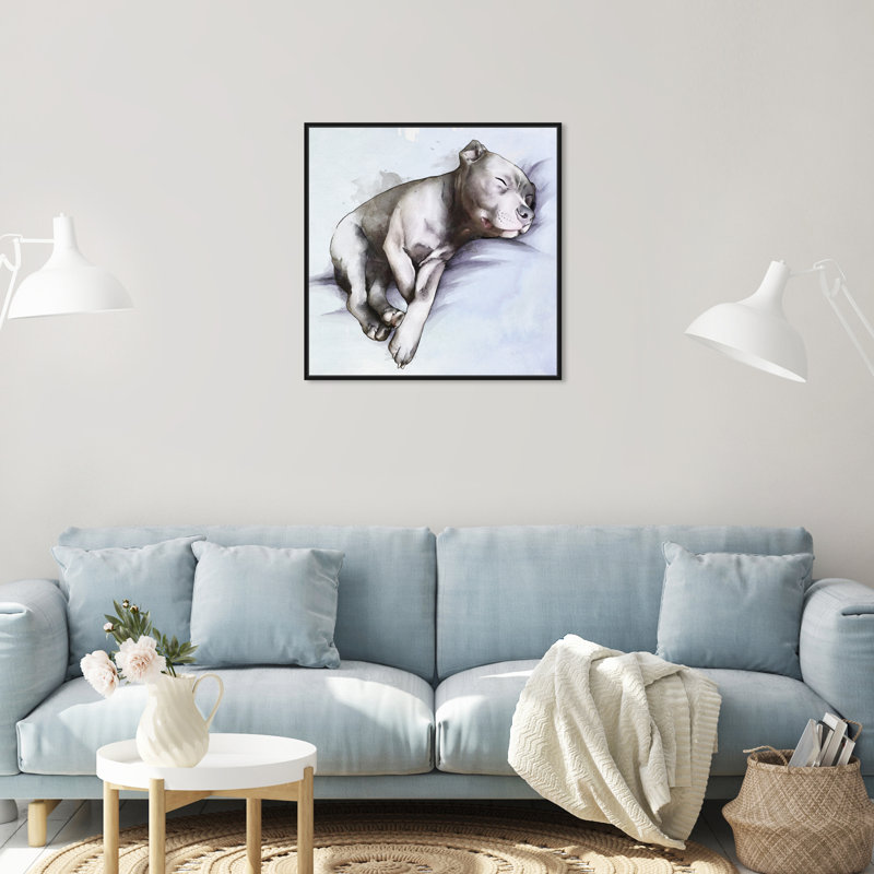 «Animals Sleeping Pitbull Dogs and Puppies», reproduction d'impression sur toile, H 24 po x l 24 po, Cadre noir