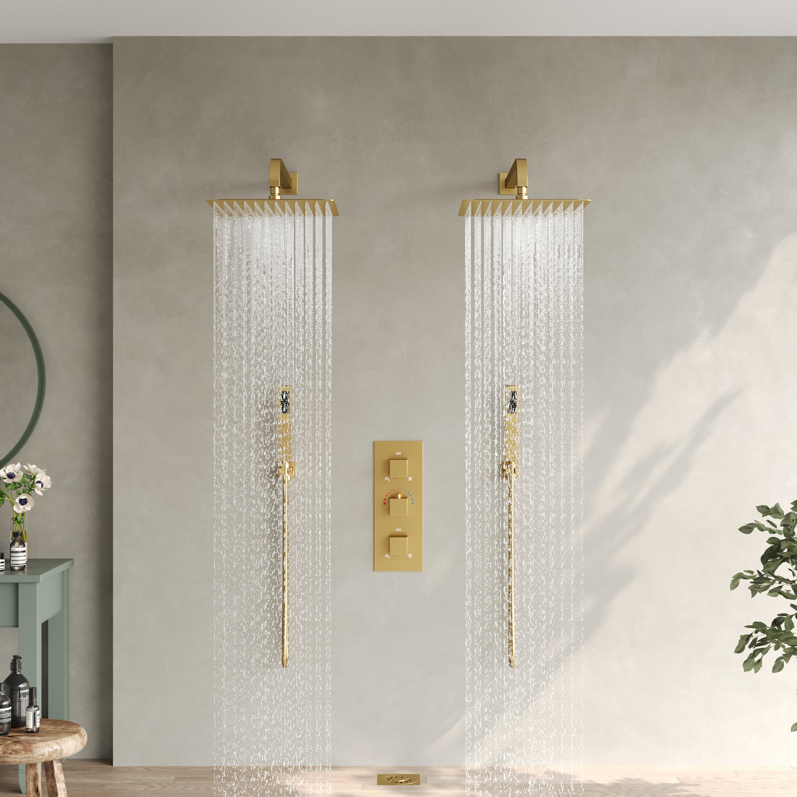 12" Thermostatic Dual Showerhead System, Brushed Gold