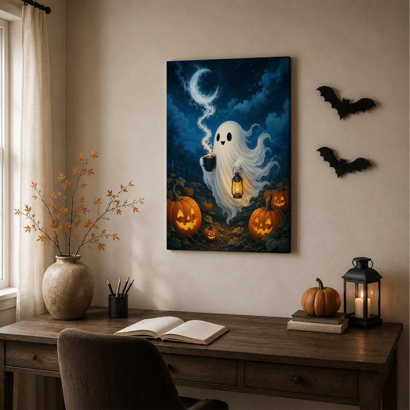 «White Ghost» tenant une lanterne en citrouille d'Halloween sur toile, H 24 po x l 18 po