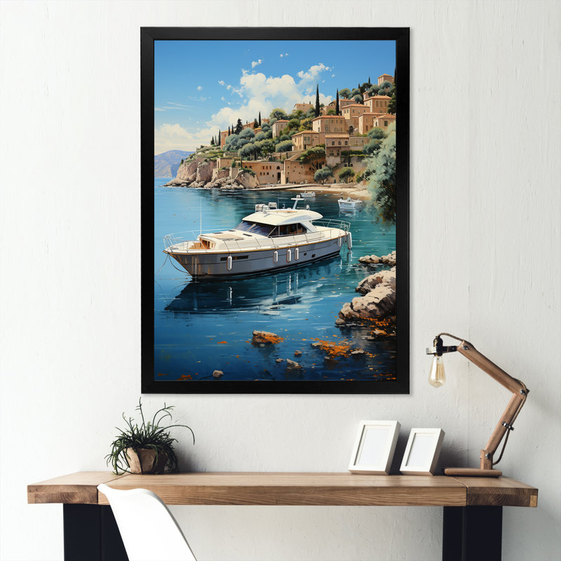 Yacht sur la côte d'azur sur toile, Cadre simple noir, H 32 po x l 16 po x P 1 po