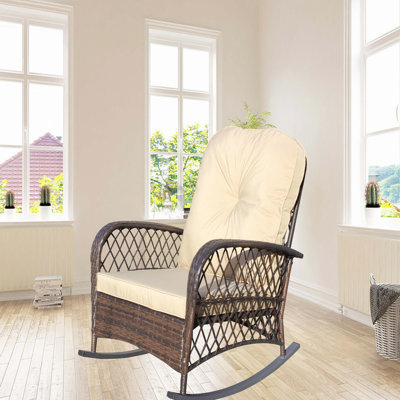 Chaise berçante d'extérieur en osier avec assise large, coussin épais et moelleux, chaise berçante en rotin avec structure en acier, capacité de poids élevée pour le patio, le jardin, la cour arrière, le coussin