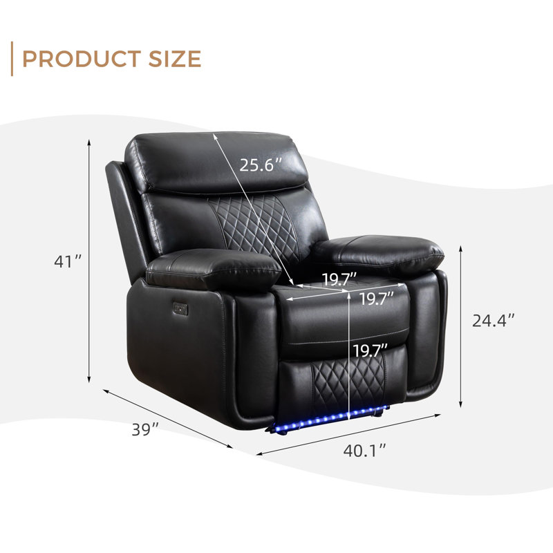 Heaney 40.1" Wide Faux Leather Power Home Theater Recliner, Black Faux Leather