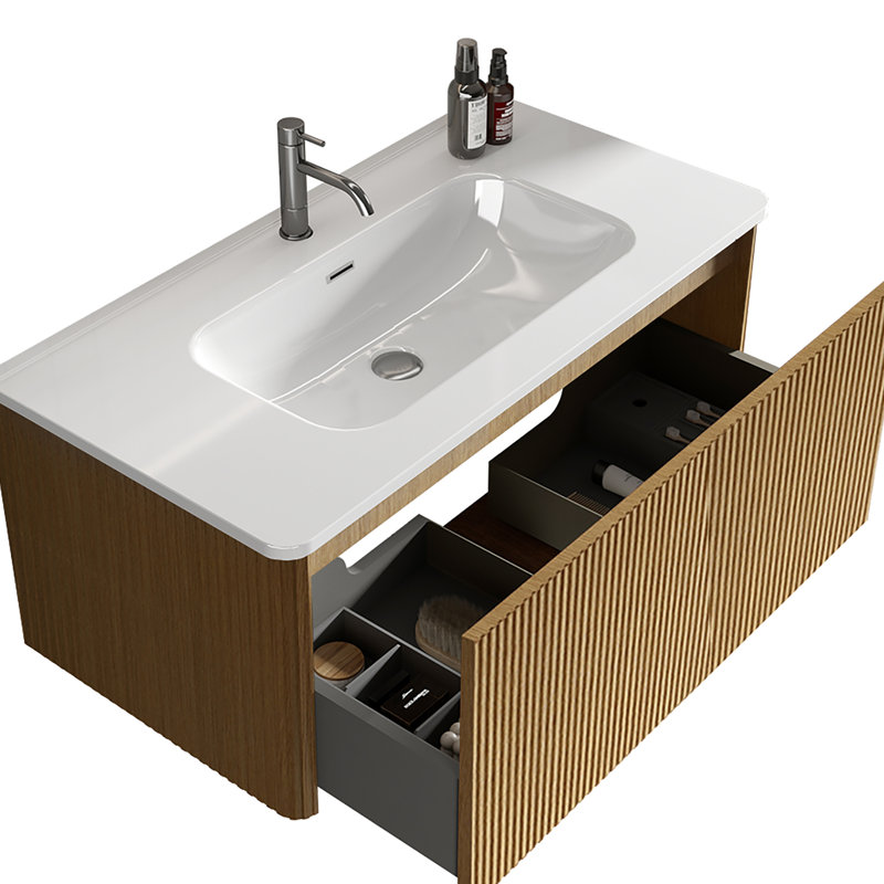 Meuble-lavabo flottant en chêne naturel de 36 po, fixation murale, lavabo intégré blanc, quincaillerie, film haut de gamme, chêne en forme de U moderne, bords courbés en céramique, tiroir spacieux avec drainage en forme
