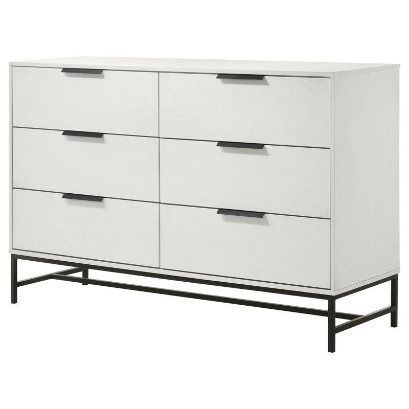 Grande commode Noro, 6 tiroirs de rangement, blanc moderne, pieds en métal noir