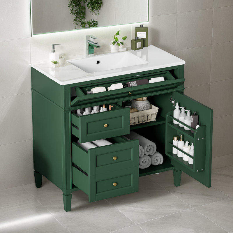 Meuble-lavabo sur pied simple 36 po avec lavabo supérieur et armoire de rangement avec tiroirs 36 po, Noir, Or