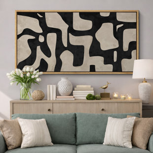 Contours abstraits de forme Mid-Century, œuvre d'art beige et noir, décoration de chambre à coucher rétro, très grande impression sur toile encadrée