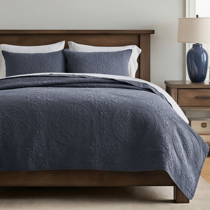 EverGrace Medallion Stitch Cotton Quilt Set - 3-Piece Quilted Bedding Set With Pillow Shams, Lightweight Breathable All-Season Bedspread Coverlet, 100% Cotton, Pre-Washed, OEKO-TEX Certified, Skin-Friendly