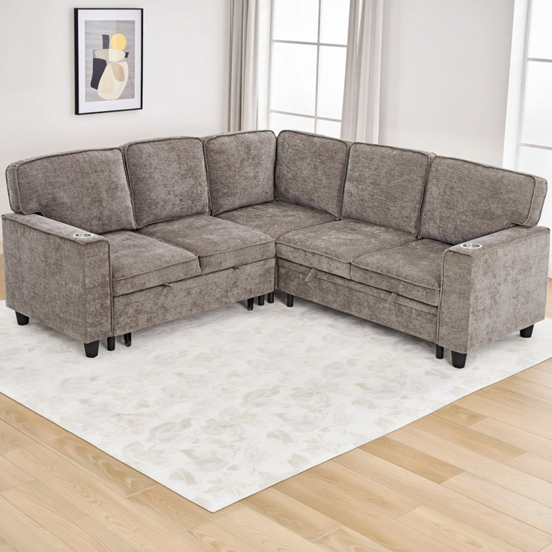 85” Reversible Sectional Sofa with Pull-Out Bed, Storage, Cup Holders & USB Charging , L-Shaped Couch for Living Room, Light Brown Chenille Upholstered  
