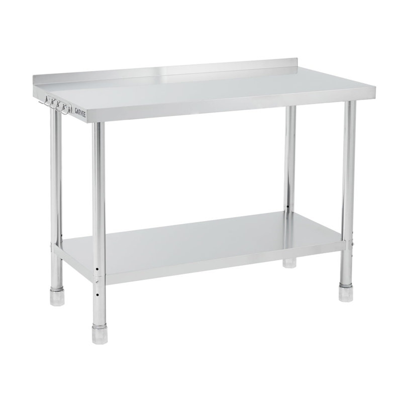 Table de travail robuste en acier inoxydable 60 x 24 x 35 pouces avec dosseret, table de préparation commerciale avec bord à angle droit, tablette inférieure et pieds réglables pour le restaurant, la cuisine, le garage et les utilitaires