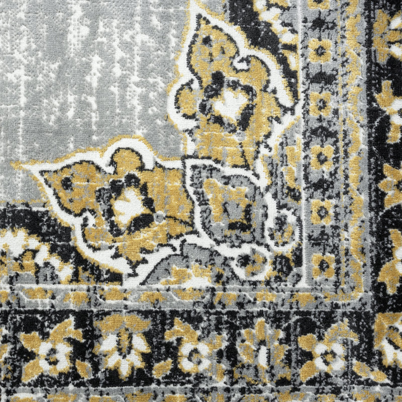 Tapis oriental jaune / gris Garney, Tapis de couloir 2 pi 3 po x 7 pi 3 po