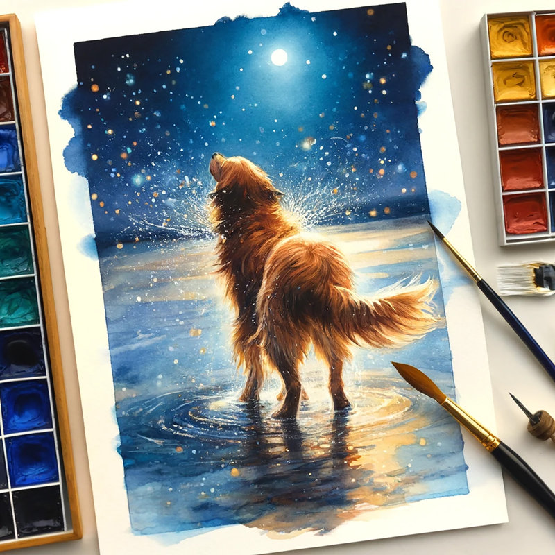 «Moonglow Serenade - Nocturnal Canine Watercolor Art» sur toile, H 36 po x l 24 po x P 1,5 po