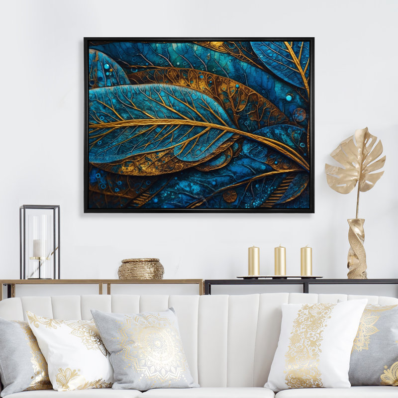Kalypso, bleu et or, mélodie de Boho I - art mural plume Boho, H 12 po x l 20 po x P 1 po, Cadre flottant noir