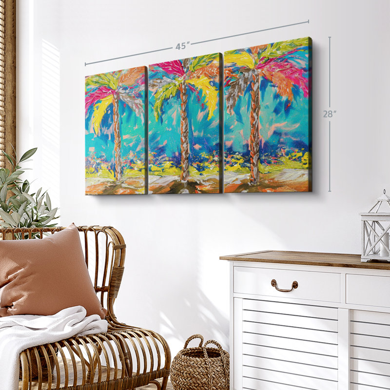 «Summer Tropical Palms», 3 pièces sur toile, H 28 po x l 45 po x P 1,25 po