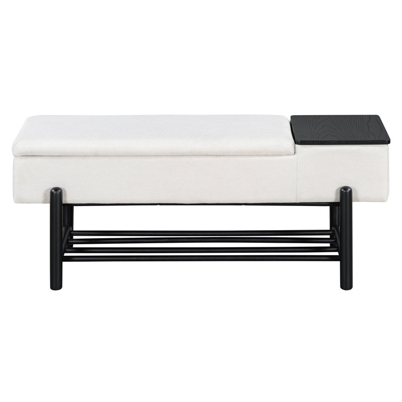 Contemporary Upholstered Storage Bench, Black Finish, Beige Upholstery, Rubber Wood Legs, Arc - Shaped Sanded Organized