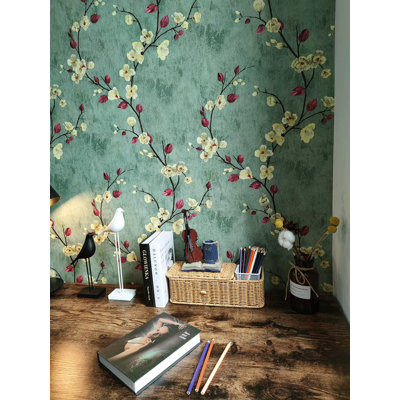 Rouleau de papier peint adhésif floral Boho - papier de contact en vinyle rétro vert foncé amovible de 17,7 po x 197 po pour décoration murale