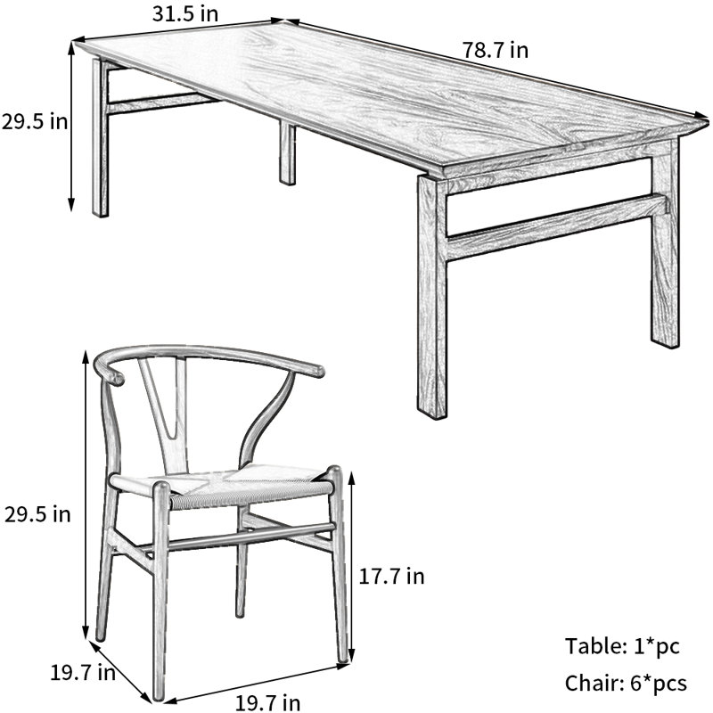 Rectangular Home    Walnut    Dining    Set, 29.5"H x 78.7"L x 31.5"W