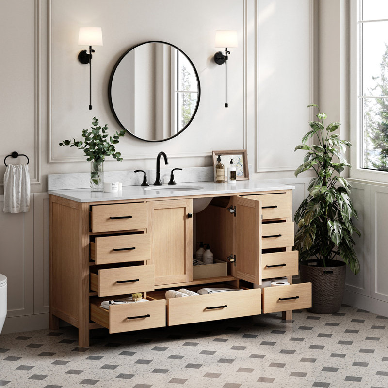 Flynt 61'' Single Bathroom Vanity with Carrara Marble Top, Oak