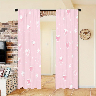 2PCS Cute Heart Star Pattern Light Filtering Curtain with Pink Watercolor Splash, Spring Refresh Decor, Easy Hang Rod Pocket Design, All-Season Curtains for Home Living Room Bedroom Teens Dormitory Decoration