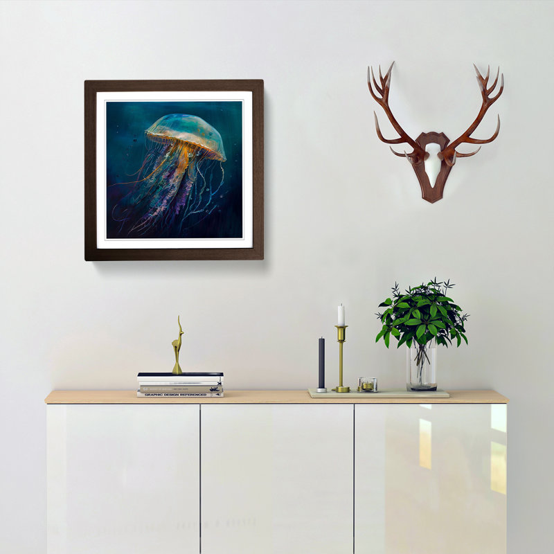 Jellyfish Palette Knife Painting - Single Picture Frame Print on Wood, Walnut