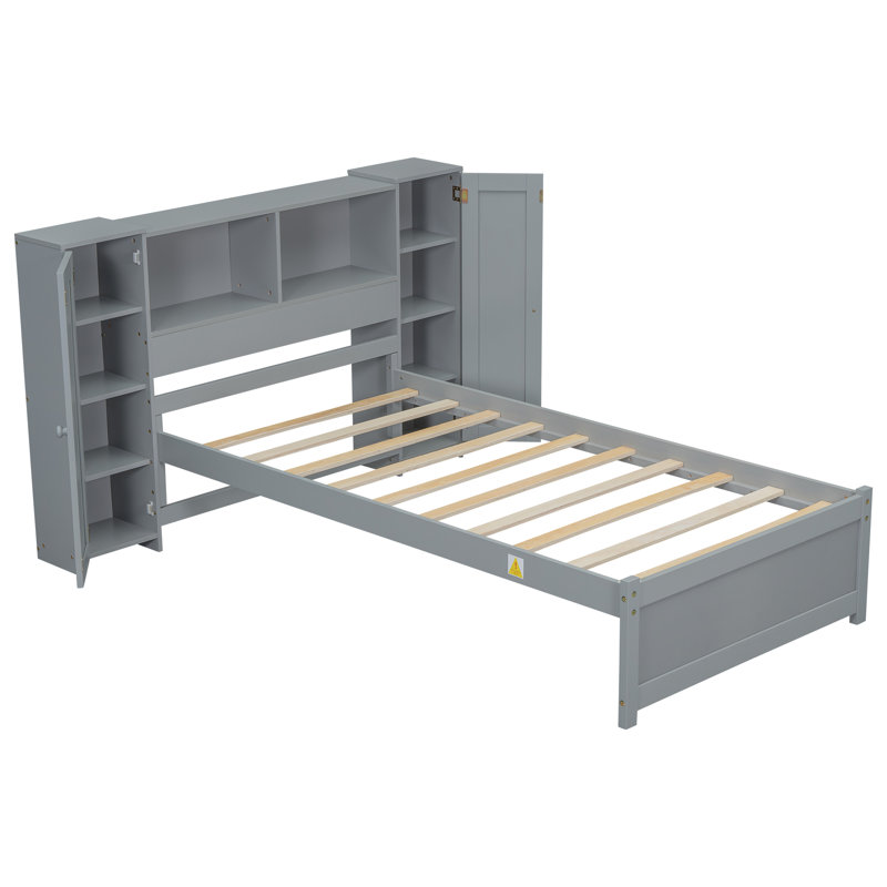 Lit plateforme simple avec tête de lit et casiers de rangement, gris