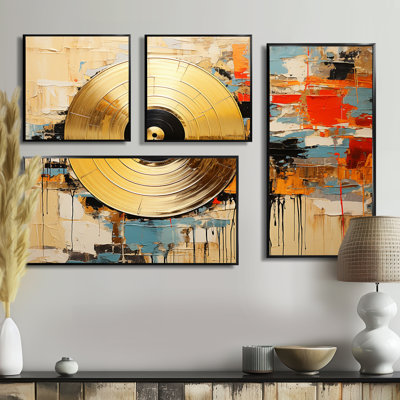 Minimalisme, disques vinyle - art mural sur toile doré 4 pièces