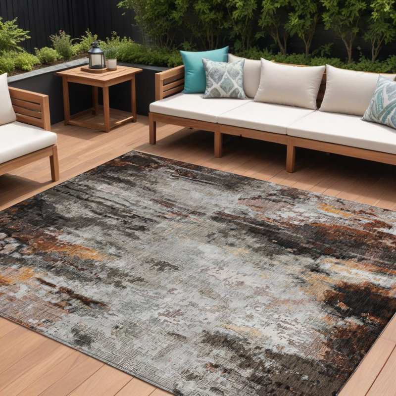 10' X 14' Grey Rust And Ivory Abstract Washable Indoor Outdoor Area Rug