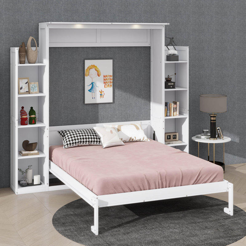 Grand lit escamotable mural avec tablettes et éclairage DEL, Blanc