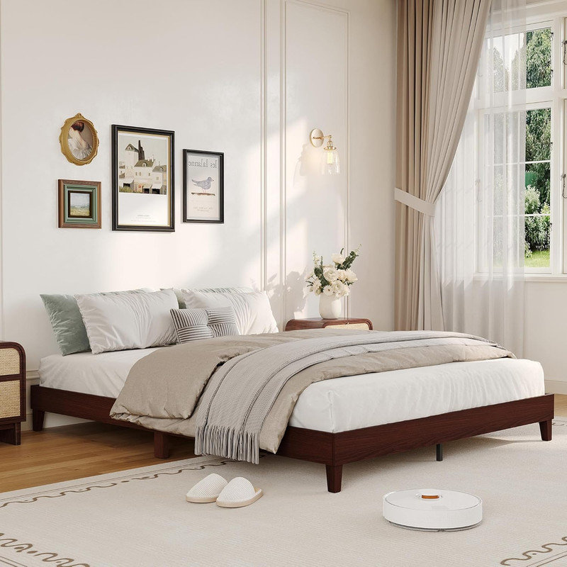 Full/Queen 9" Low-Profile Wood Platform Bed Frame with Slats, 700 lbs Capacity, Noise-Free, No Box Spring Needed for Bedroom