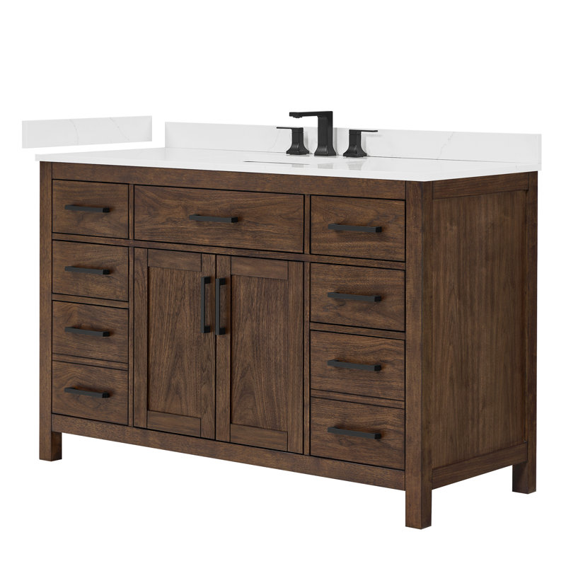 Beckett 54" Freestanding Single Bathroom Vanity with Quartz Top, Dark Walnut, Matte Black, Giotto Quartz
